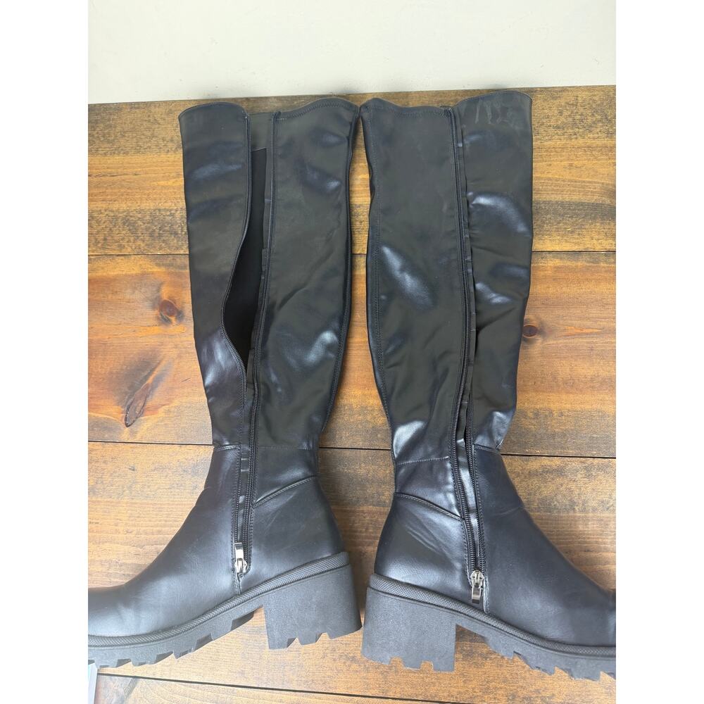 Report Black Faux Leather Lugged Sole Over the Knee Boots OTK Women's Size 7.5 - Picture 8 of 8